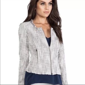 Joie Collins Gray Tweed Raw Fringe Edge Zip Jacket/Blazer